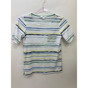 Brax Feel Good White Blue Green Stripes T Top Shirt Womens Sz 34, XS